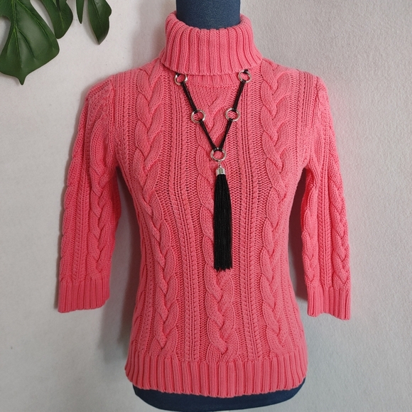 Lands' End Chunky Bright Pink Turtleneck Cable Knit Sweater - Picture 1 of 7